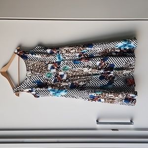 Vintage Gilani Floral Animal Stripe Collage Print Cotton Knit Jersey Flare Dress